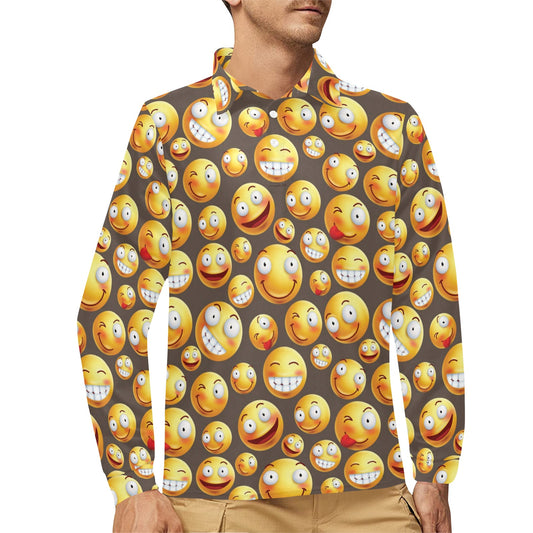 Smiley Face Emoji Print Design LKS303 Long Sleeve Polo Shirt For Men's
