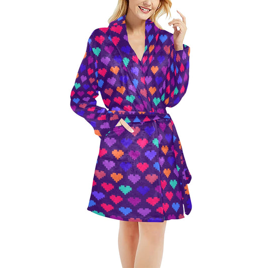 Heart Pixel Pattern Print Design HE03 Women's Fleece Robe