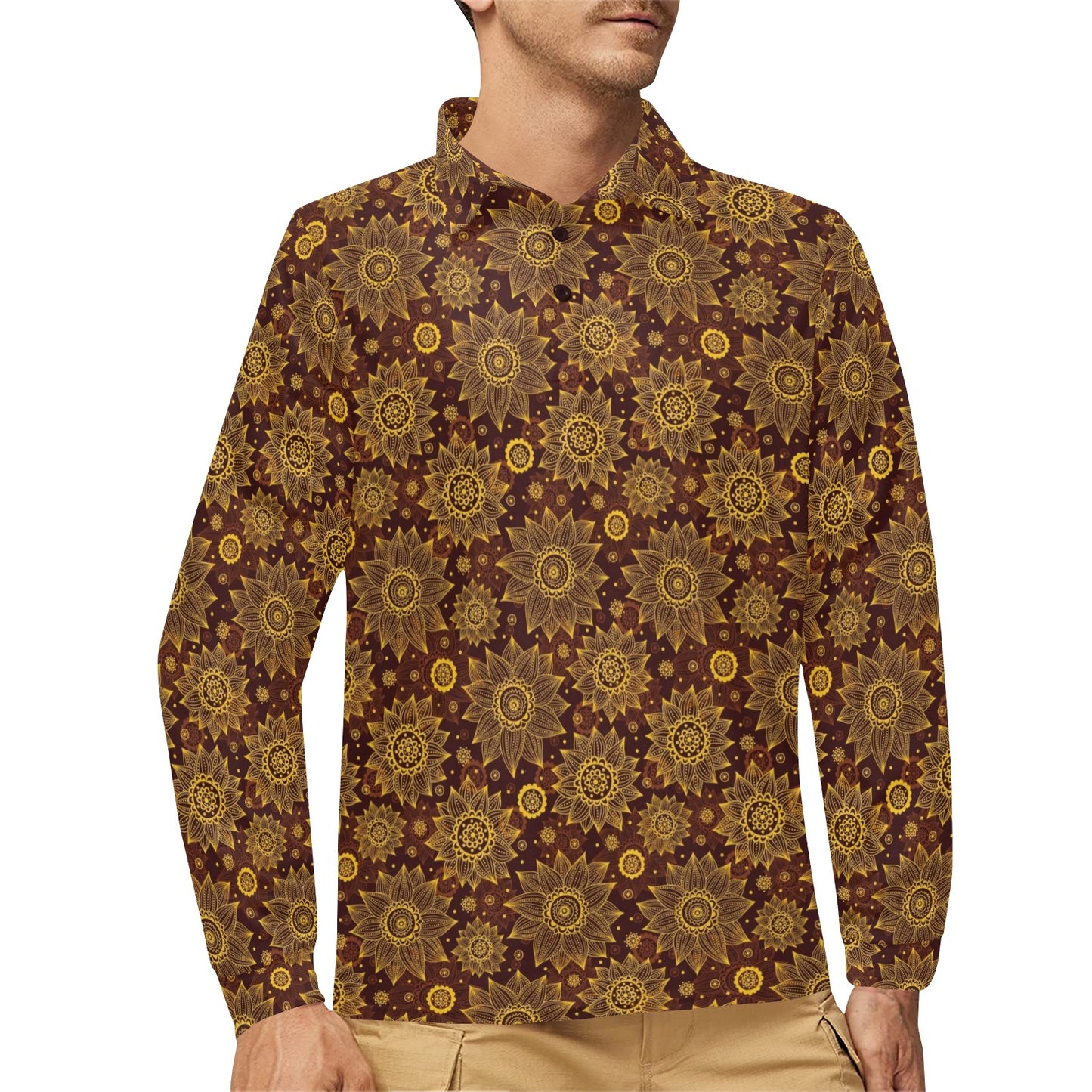 Gold Sunflower Hand Drawn Print Long Sleeve Polo Shirt For Men's