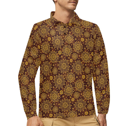 Gold Sunflower Hand Drawn Print Long Sleeve Polo Shirt For Men's