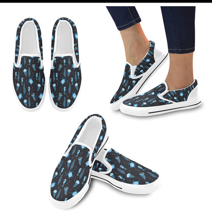 Sea Turtle Jelly Fish Sea Horse Print Design LKS3014 White Slip Ons Canvas Women's Shoes