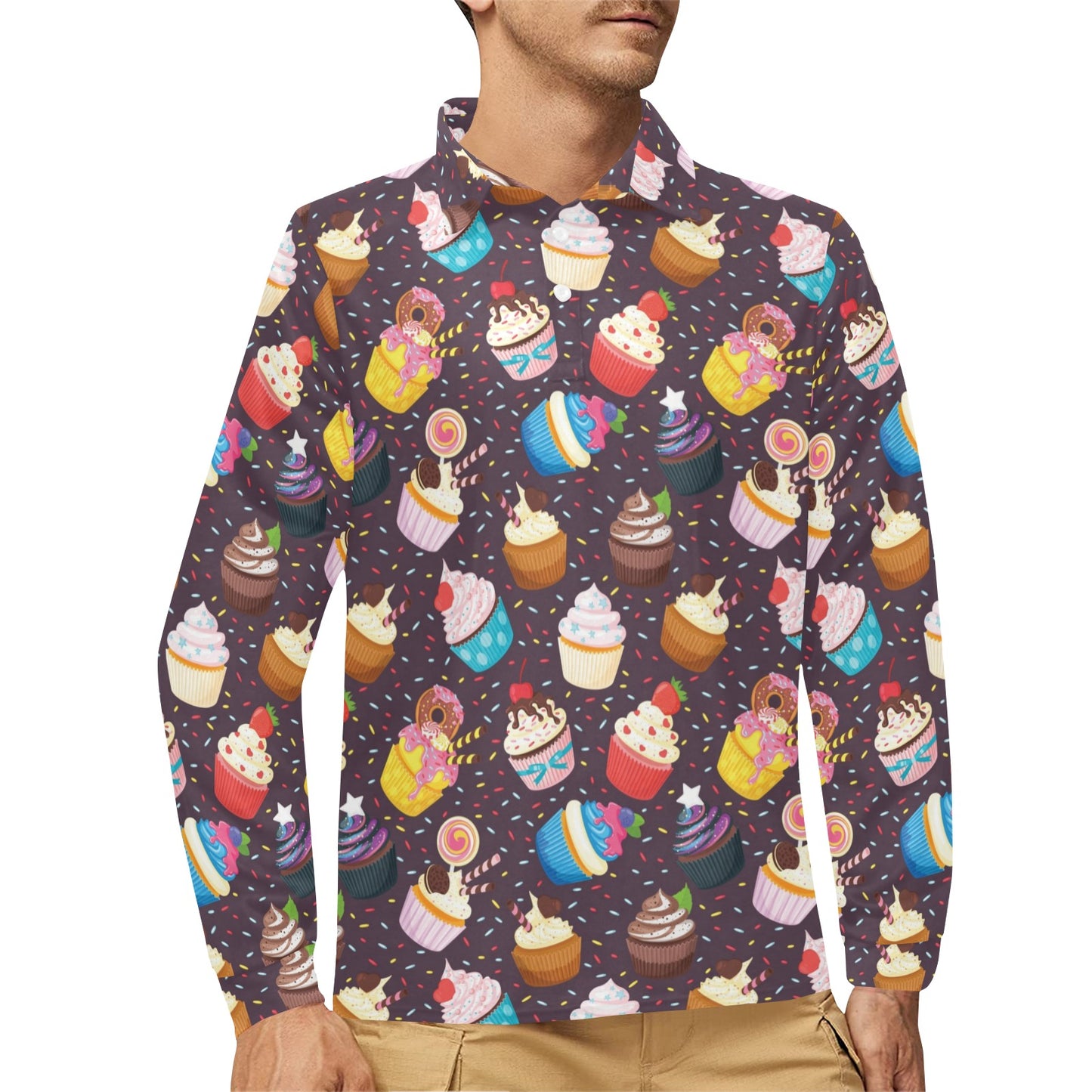 Cupcakes Party Print Pattern Long Sleeve Polo Shirt For Men's