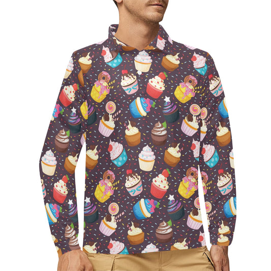 Cupcakes Party Print Pattern Long Sleeve Polo Shirt For Men's