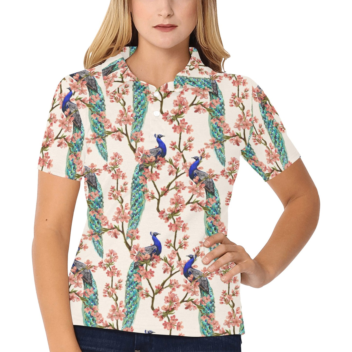Cherry Blossom Peacock Women's Polo Shirt