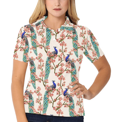 Cherry Blossom Peacock Women's Polo Shirt