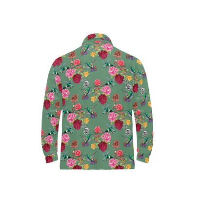 Hummingbird with Rose Themed Print Long Sleeve Polo Shirt For Men's