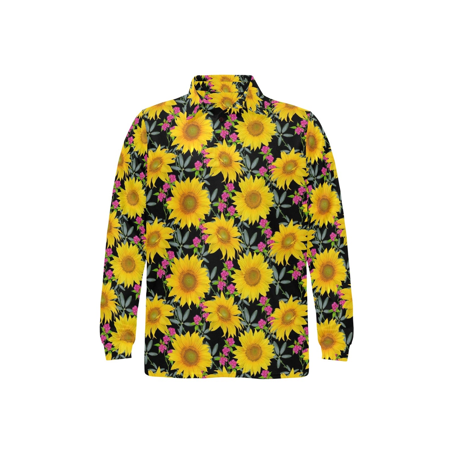 Sunflower Pattern Print Design SF014 Long Sleeve Polo Shirt For Men's
