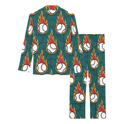 Baseball Fire Print Pattern Women's Long Pajama Set