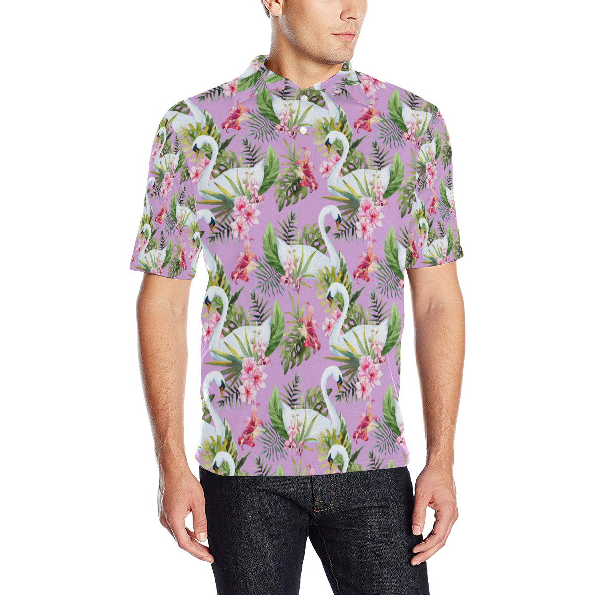 Swan with Flower Pattern Print Design 01 Men Polo Shirt