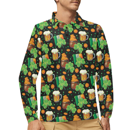 St Patricks Day Print Design LKS303 Long Sleeve Polo Shirt For Men's