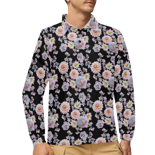 Dahlia Pattern Print Design DH012 Long Sleeve Polo Shirt For Men's