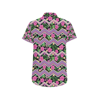 Hibiscus Pink Zigzag Line Pattern Design LKS307 Men Short Sleeve Button Up Shirt
