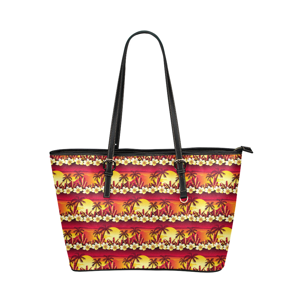 Hawaiian Tropical Sunset Hibiscus Print Leather Tote Bag