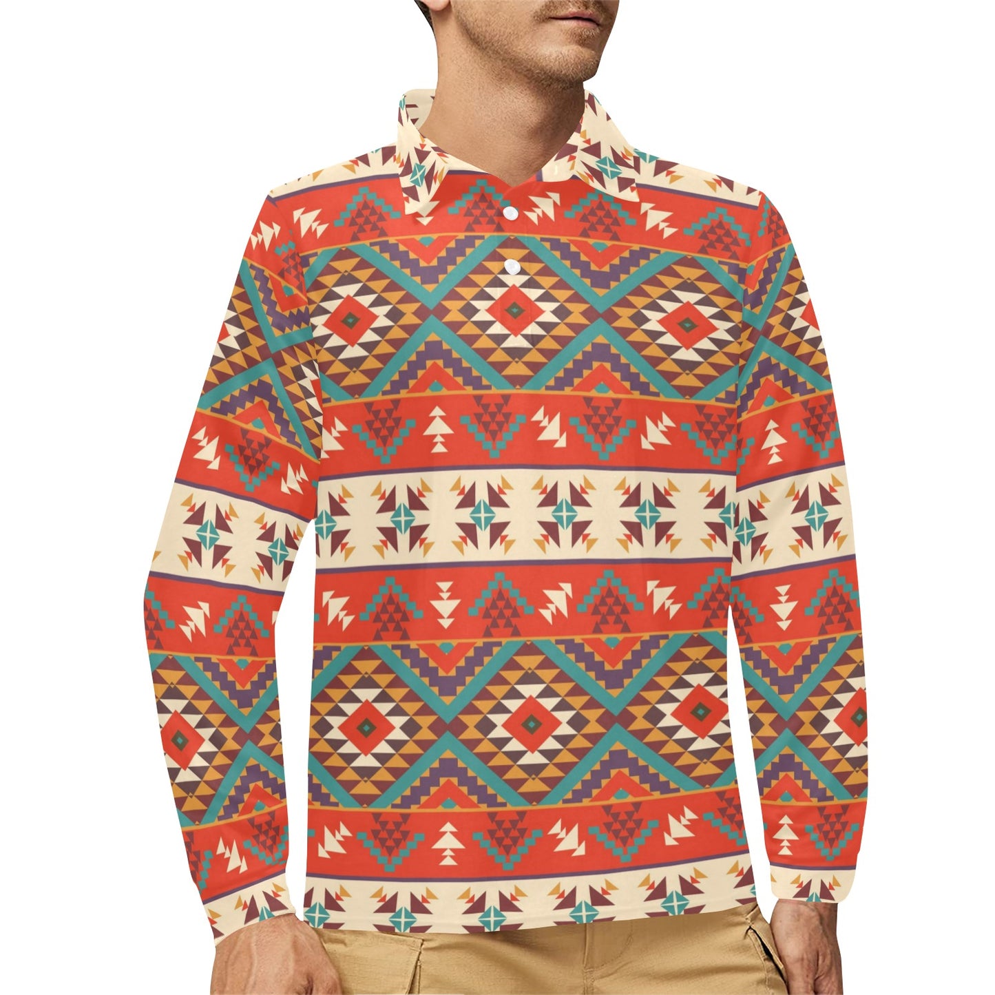 Aztec Red Print Pattern Long Sleeve Polo Shirt For Men's