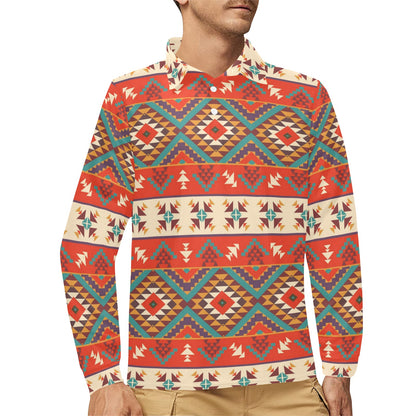 Aztec Red Print Pattern Long Sleeve Polo Shirt For Men's
