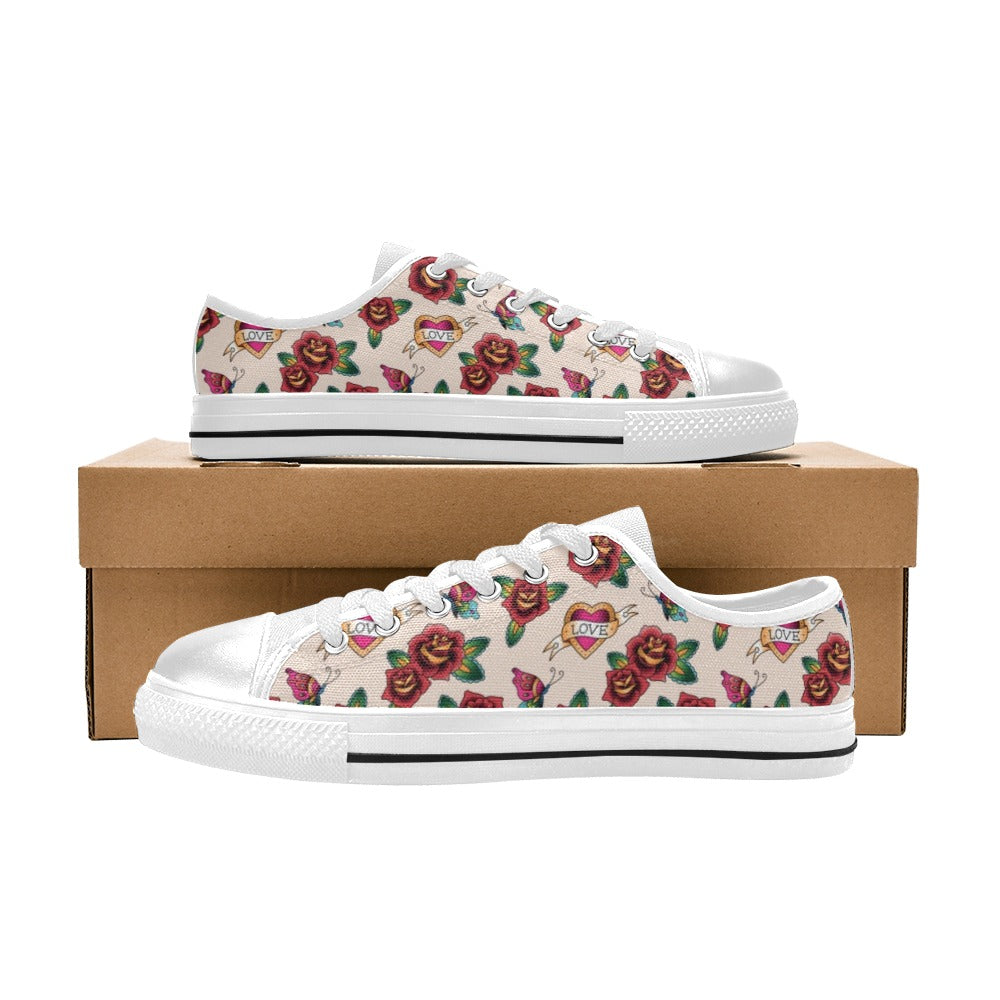 Tattoo Rose Print Design LKS302 Women's White Low Top Shoes