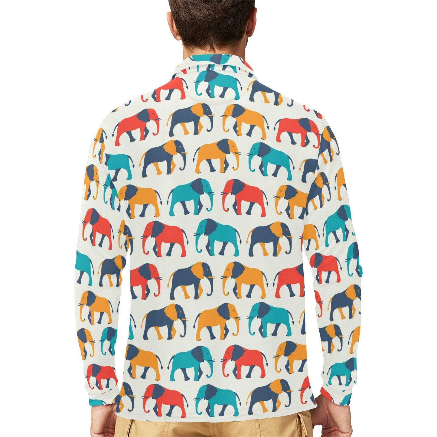 Elephant Colorful Print Pattern Long Sleeve Polo Shirt For Men's