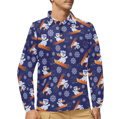 Snowboard Bear Print Design LKS305 Long Sleeve Polo Shirt For Men's