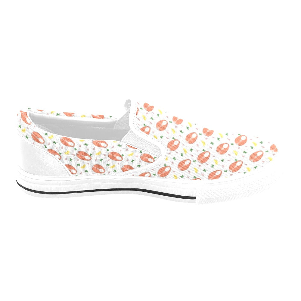 Salmon Steak Print Design LKS303 White Slip Ons Canvas Women's Shoes