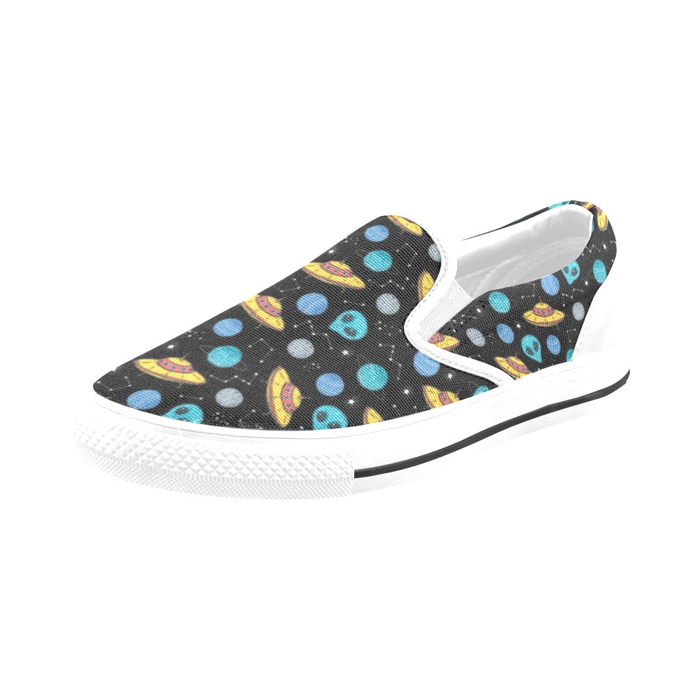 UFO Alien Print Design LKS306 White Slip Ons Canvas Women's Shoes