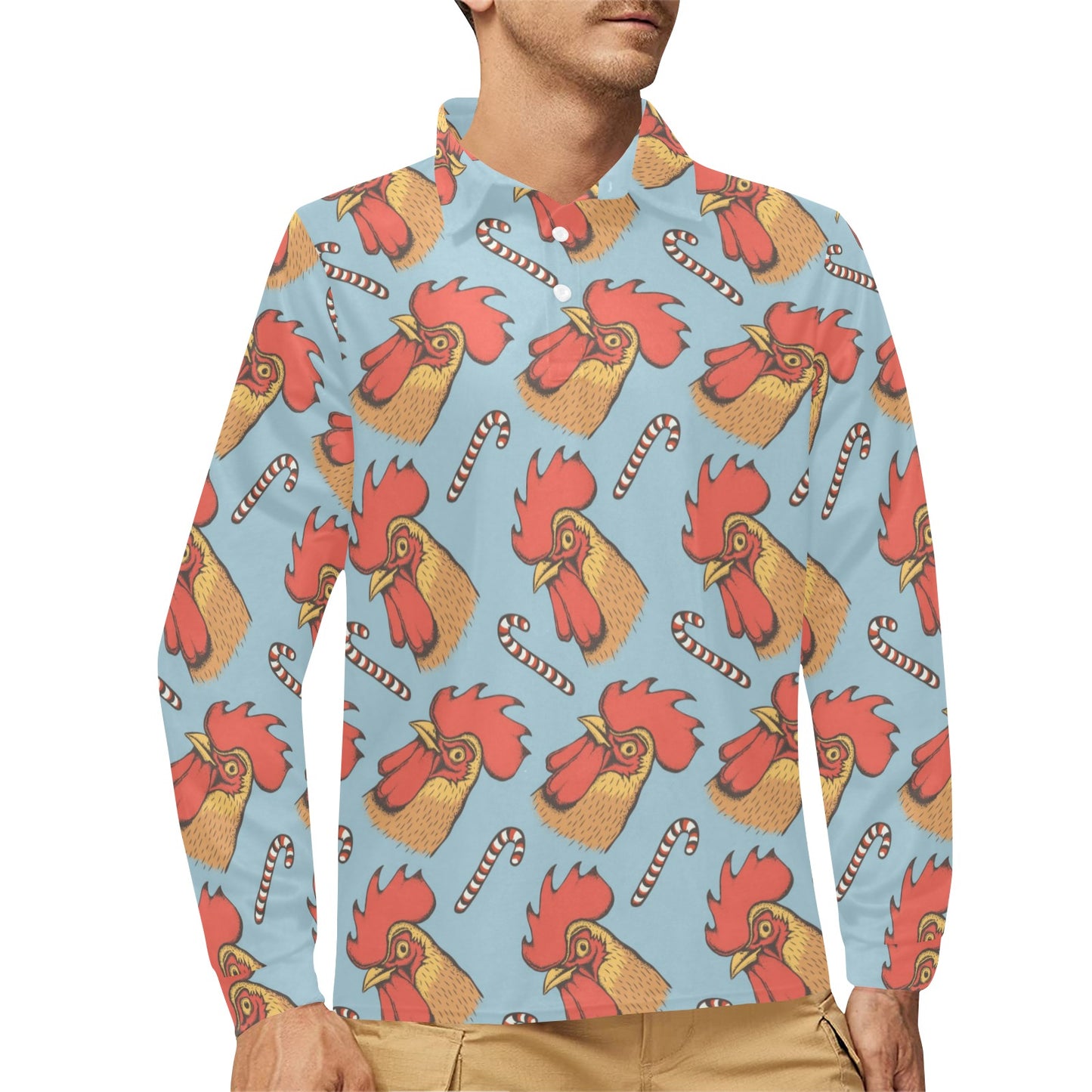 Rooster Pattern Print Design A05 Long Sleeve Polo Shirt For Men's