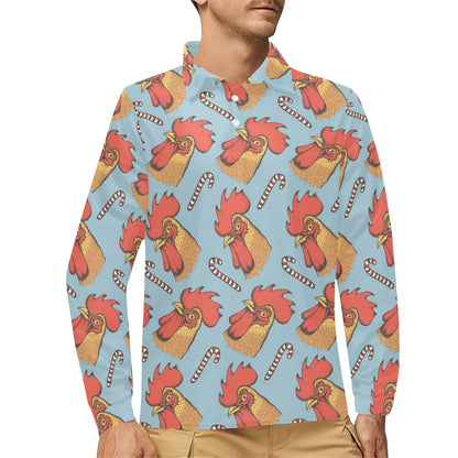 Rooster Pattern Print Design A05 Long Sleeve Polo Shirt For Men's