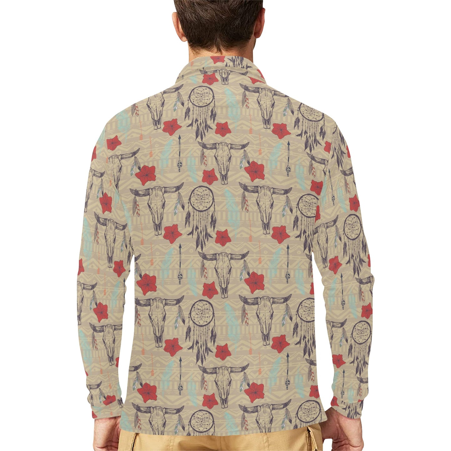 Native Buffalo Head Themed Design Print Long Sleeve Polo Shirt For Men's