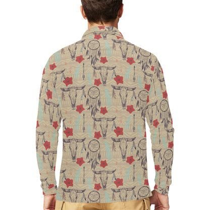 Native Buffalo Head Themed Design Print Long Sleeve Polo Shirt For Men's