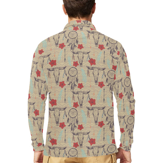 Native Buffalo Head Themed Design Print Long Sleeve Polo Shirt For Men's