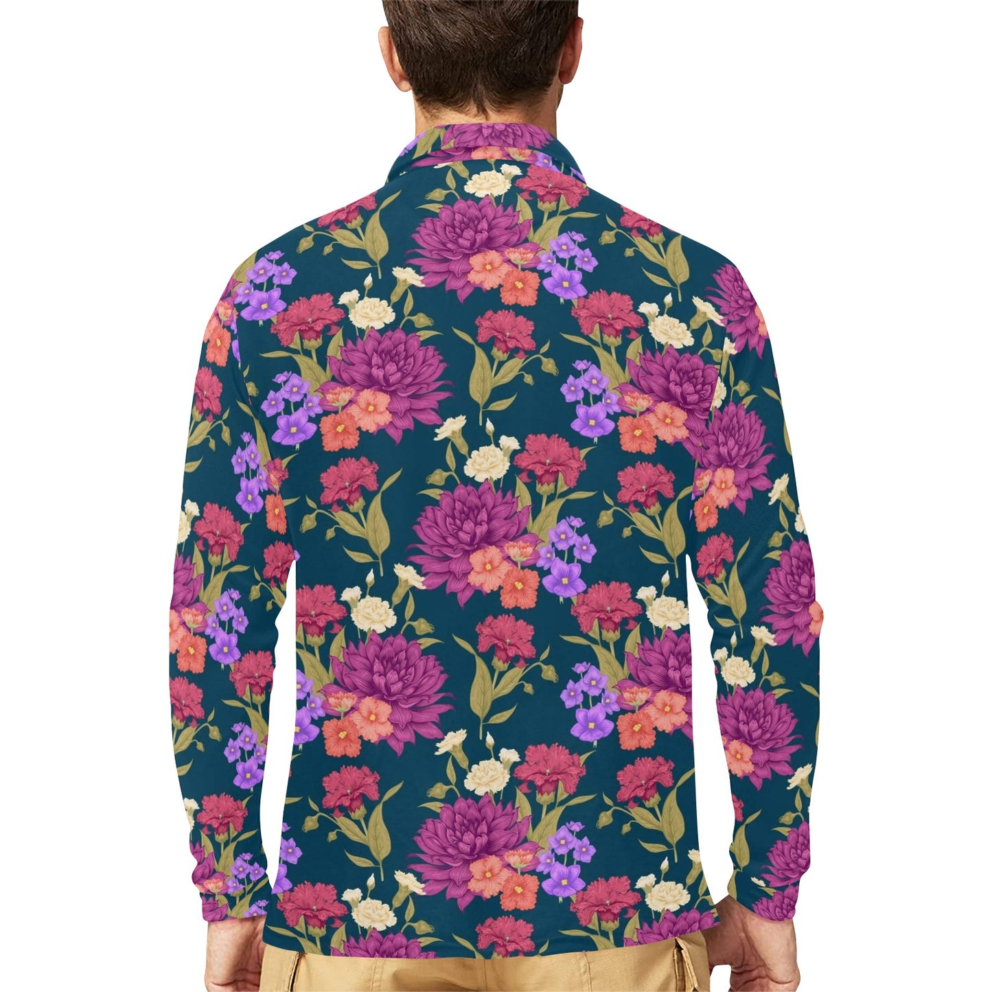 Dahlia Pattern Print Design DH01 Long Sleeve Polo Shirt For Men's
