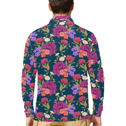 Dahlia Pattern Print Design DH01 Long Sleeve Polo Shirt For Men's
