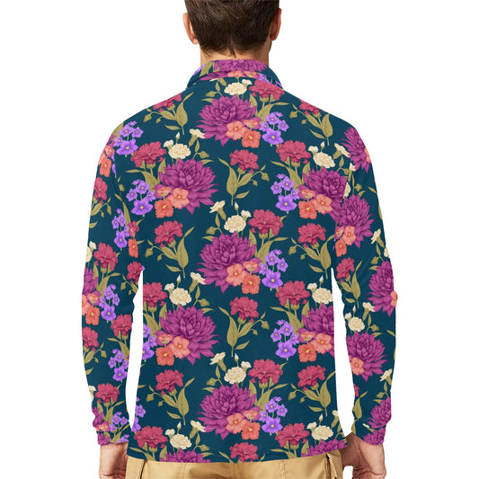 Dahlia Pattern Print Design DH01 Long Sleeve Polo Shirt For Men's