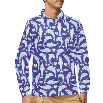 Dolphin Smile Print Pattern Long Sleeve Polo Shirt For Men's