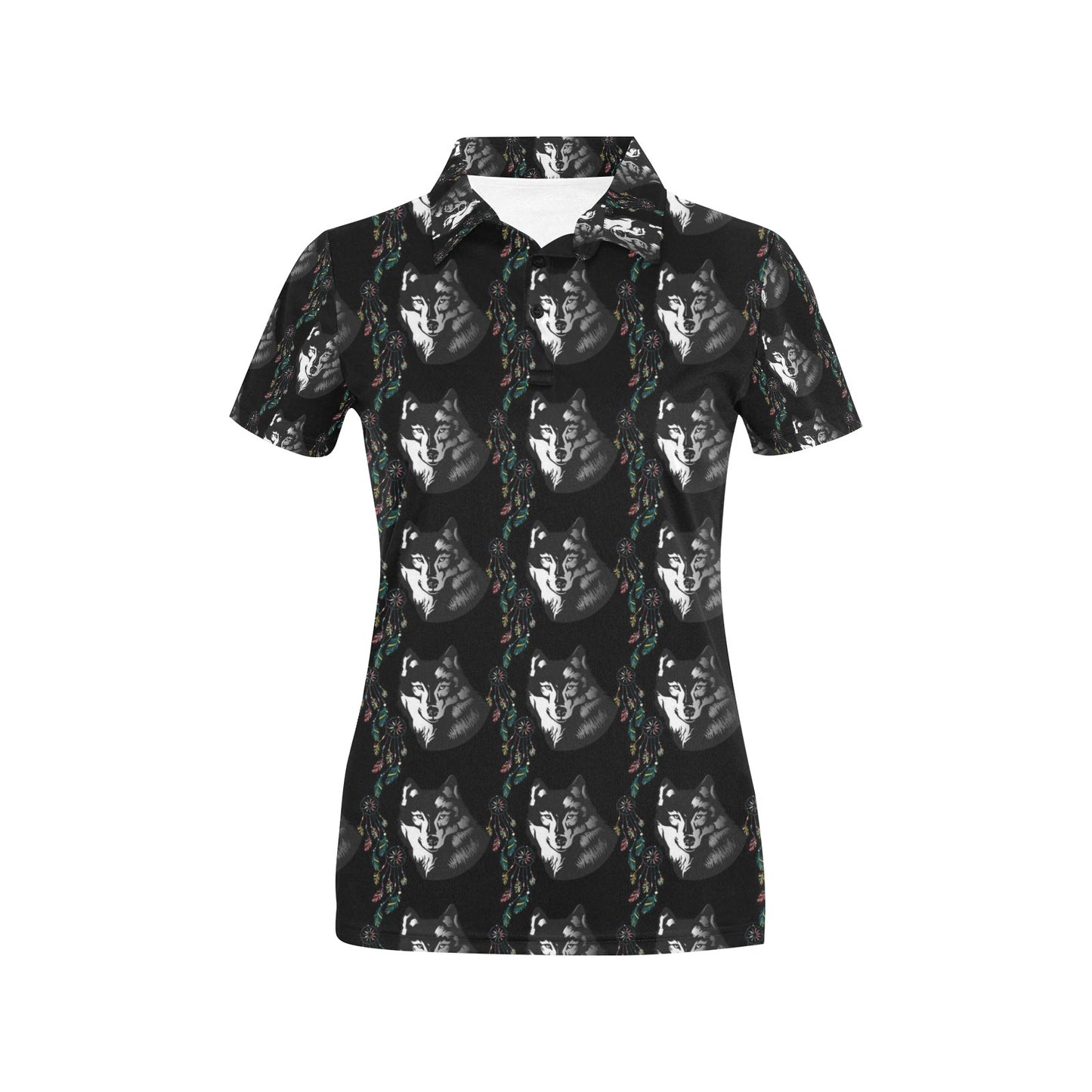 Wolf Black Dream Catcher Design Print Women's Polo Shirt