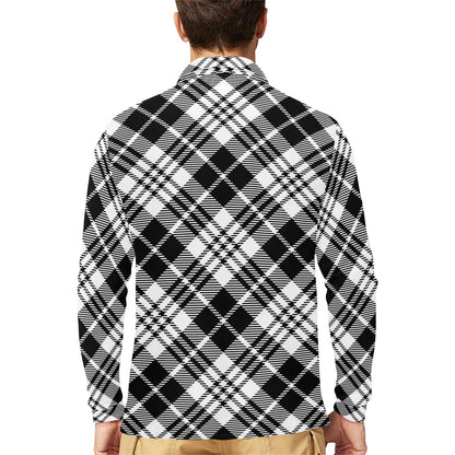 Plaid Black White Pattern Print Design A02 Long Sleeve Polo Shirt For Men's