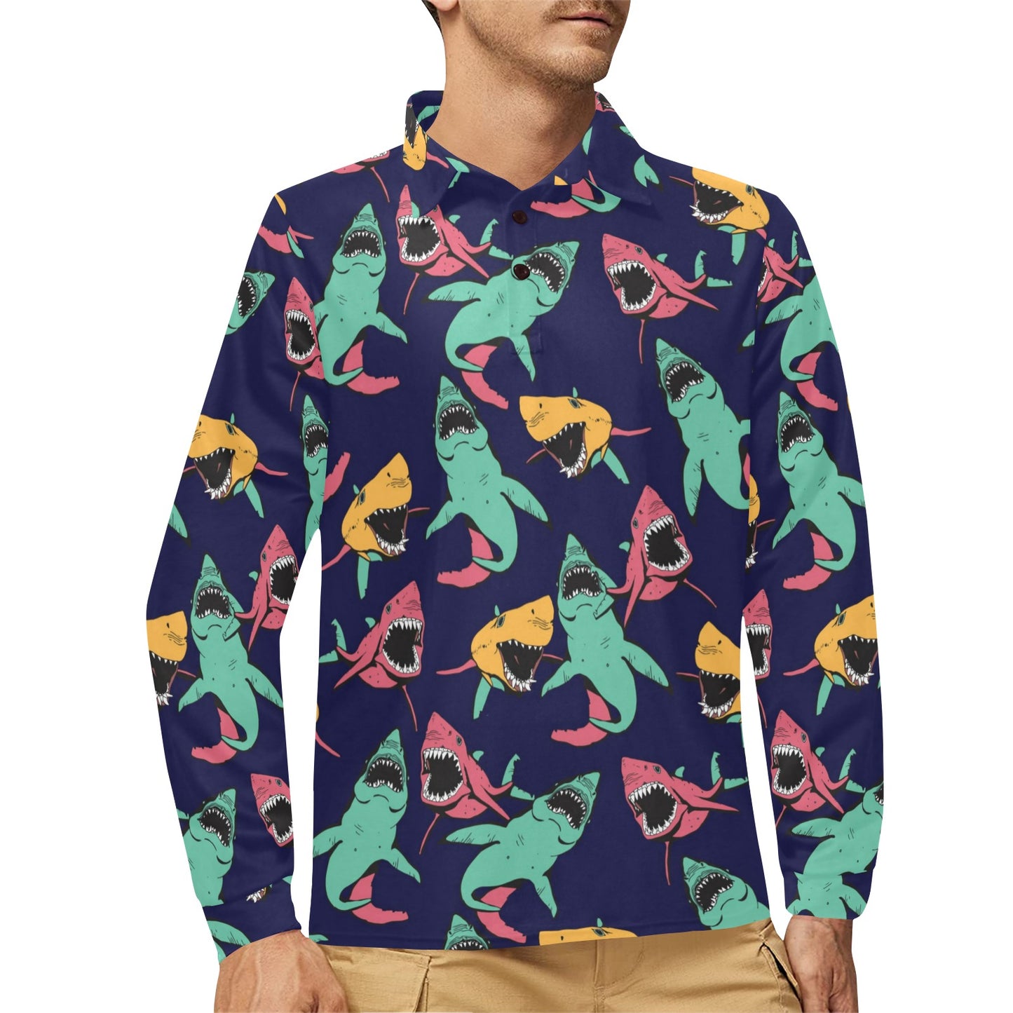 Shark Bite Pattern Long Sleeve Polo Shirt For Men's
