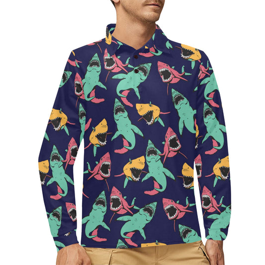 Shark Bite Pattern Long Sleeve Polo Shirt For Men's