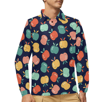 Apple Pattern Print Design AP09 Long Sleeve Polo Shirt For Men's