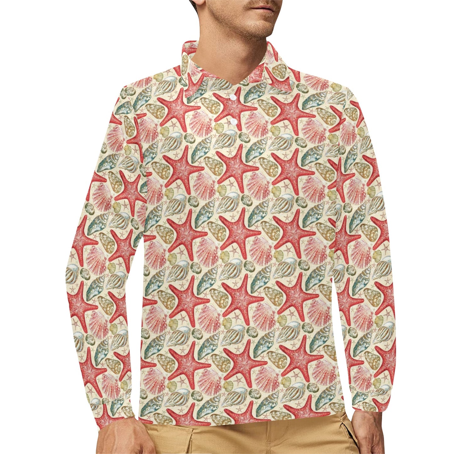 Seashell Print Design LKS301 Long Sleeve Polo Shirt For Men's