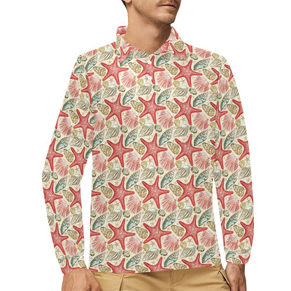 Seashell Print Design LKS301 Long Sleeve Polo Shirt For Men's
