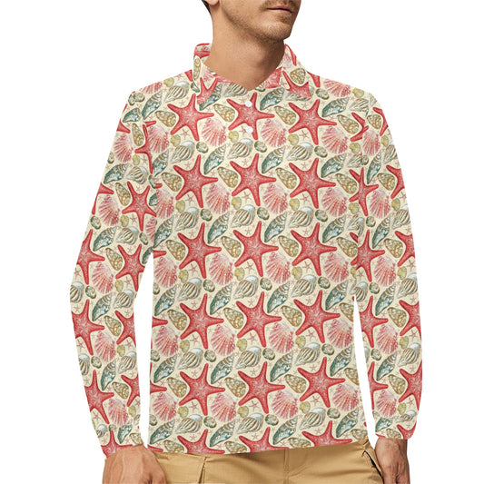 Seashell Print Design LKS301 Long Sleeve Polo Shirt For Men's