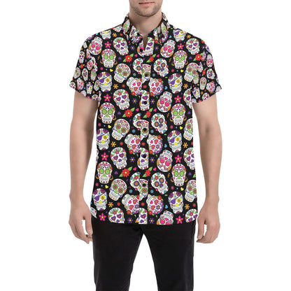 Sugar Skull Print Design LKS302 Men Short Sleeve Button Up Shirt