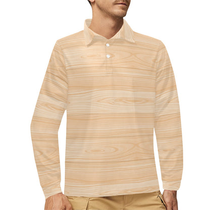 Wood Texture Print Design LKS302 Long Sleeve Polo Shirt For Men's