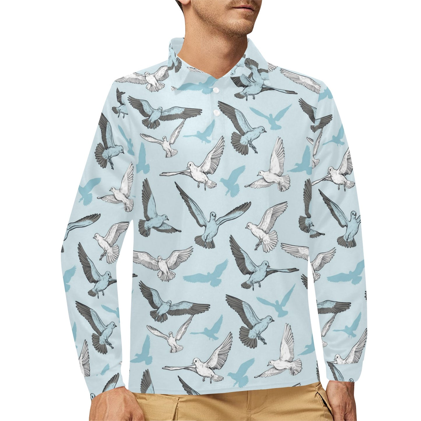 Pigeon Pattern Print Design 03 Long Sleeve Polo Shirt For Men's