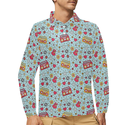 Hippie Print Design LKS307 Long Sleeve Polo Shirt For Men's