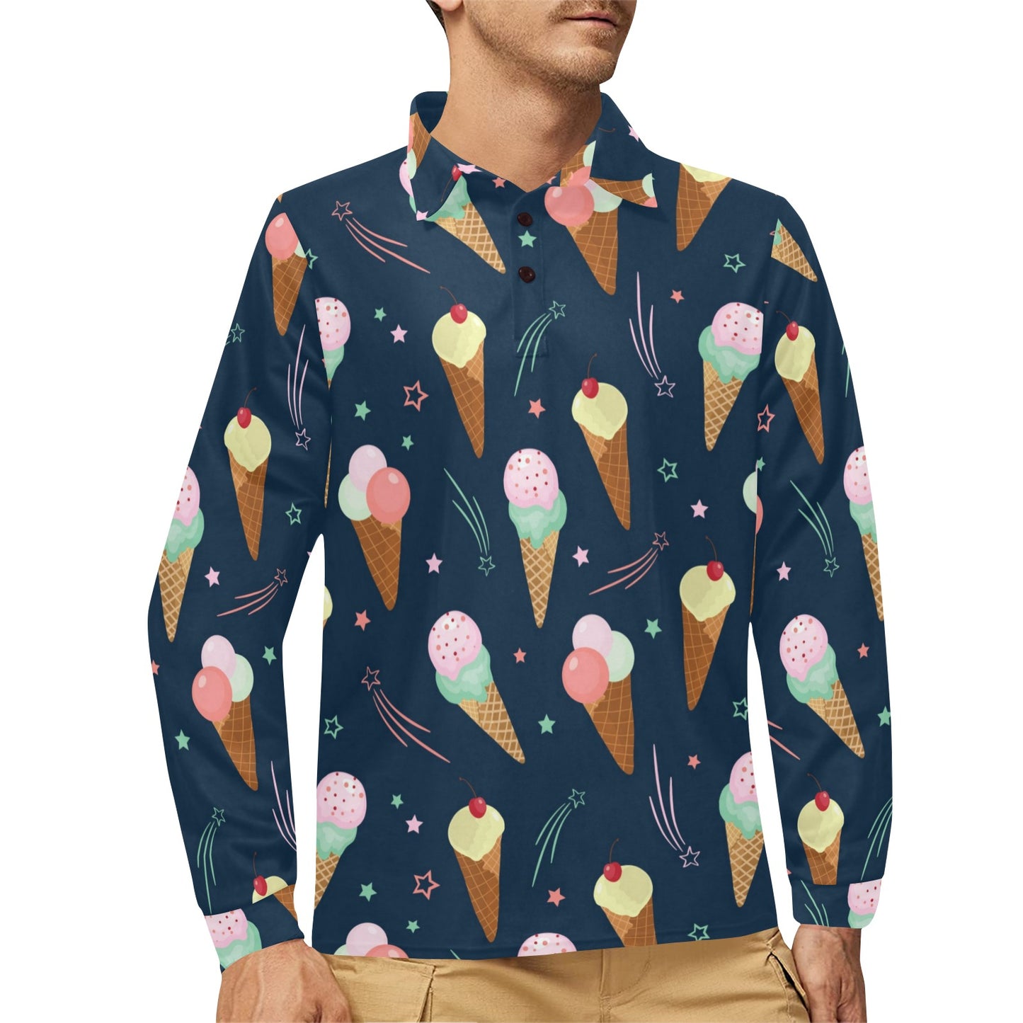 Ice Cream Pattern Print Design 04 Long Sleeve Polo Shirt For Men's