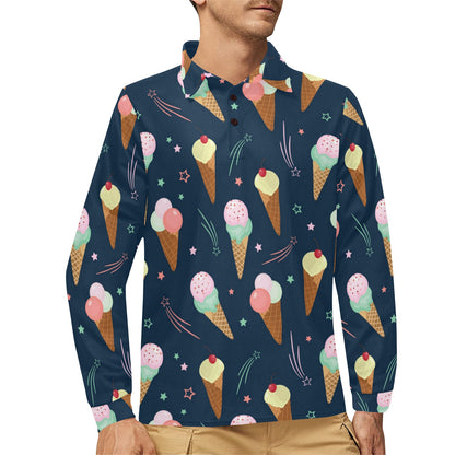 Ice Cream Pattern Print Design 04 Long Sleeve Polo Shirt For Men's