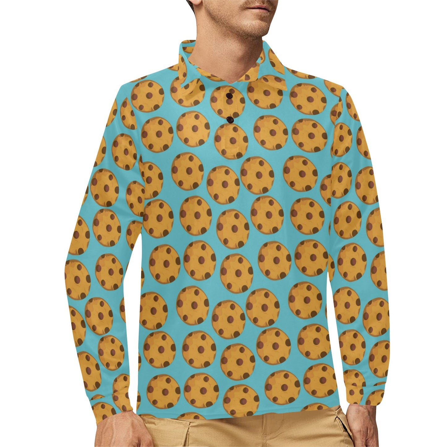 Cookie Pattern Print Design 01 Long Sleeve Polo Shirt For Men's