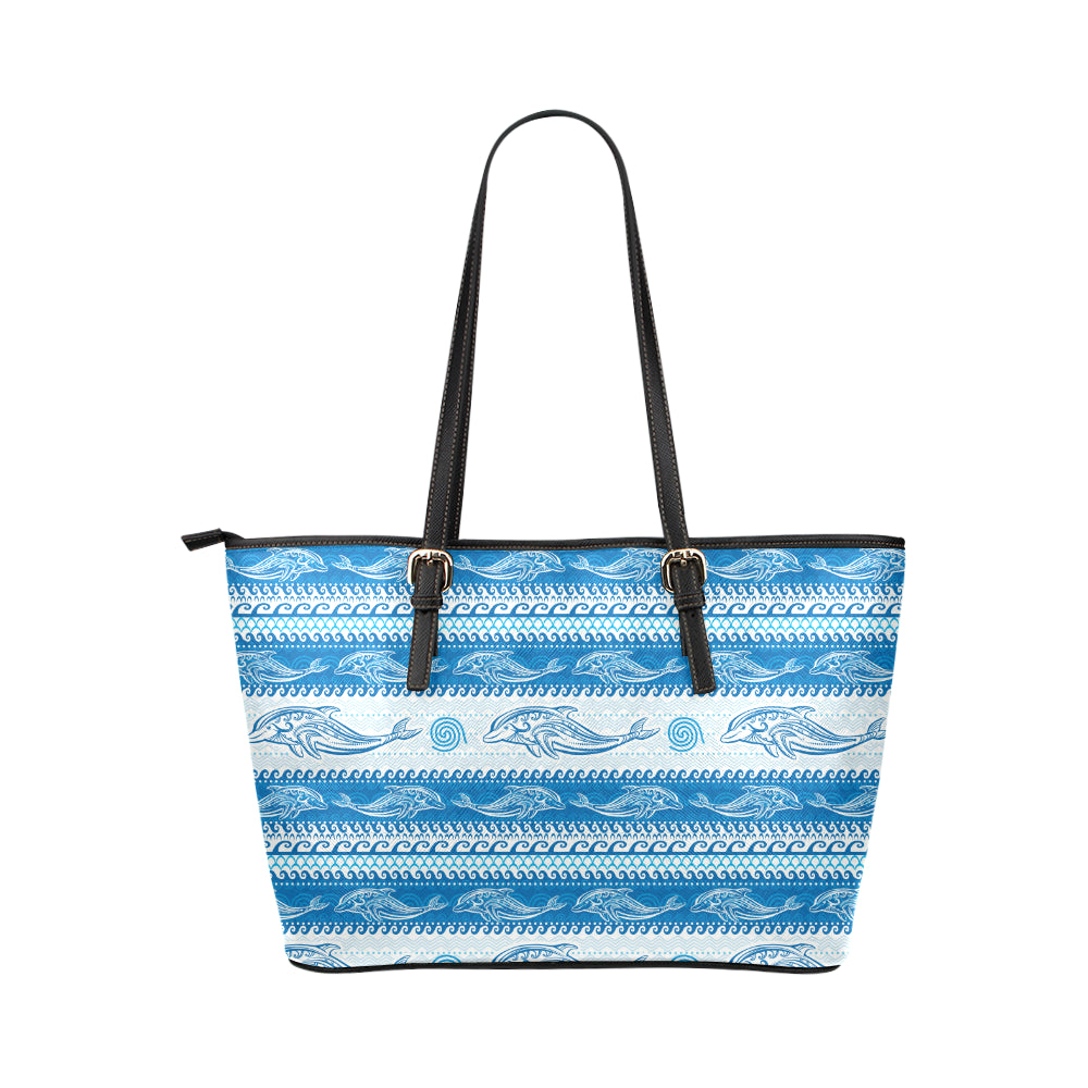 Dolphin Tribal Print Pattern Leather Tote Bag
