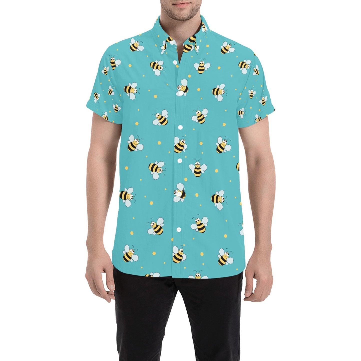 Bee With Dot Print Design LKS309 Men Short Sleeve Button Up Shirt
